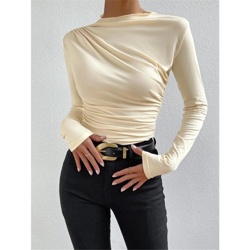 Maglia a tinta unita slim-fit con design plissettato versatile, a maniche lunghe, top da donna