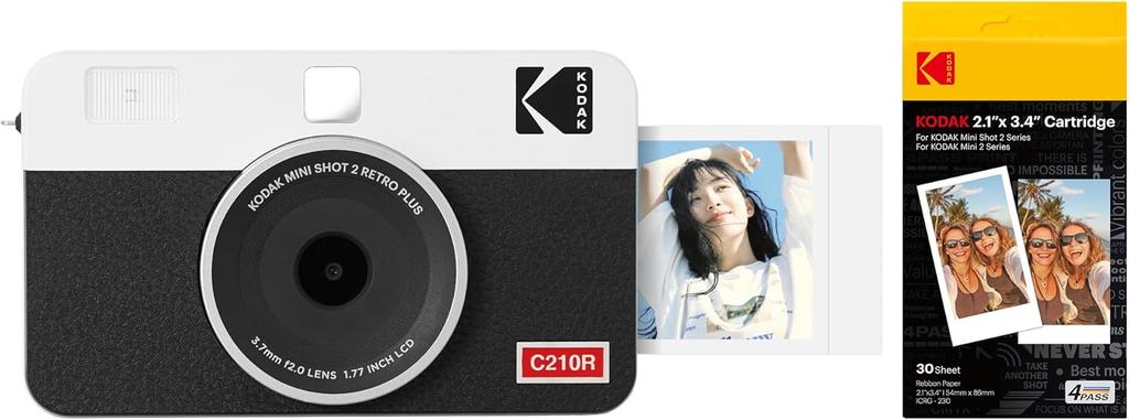 Kodak Mini Shot 2 Retro 4PASS Instant Camera Photo Printer Camera Body White 2-in-1 & (5.3x8.6cm) + (8 sheets) + 30-sheet bundle,