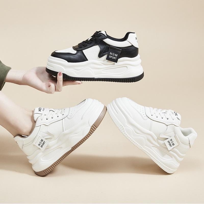 Fashion Sports Women's Shoes 2025 Autumn Height Increase Thick-soled Shallow Mouth Leather and Mesh White Shoes