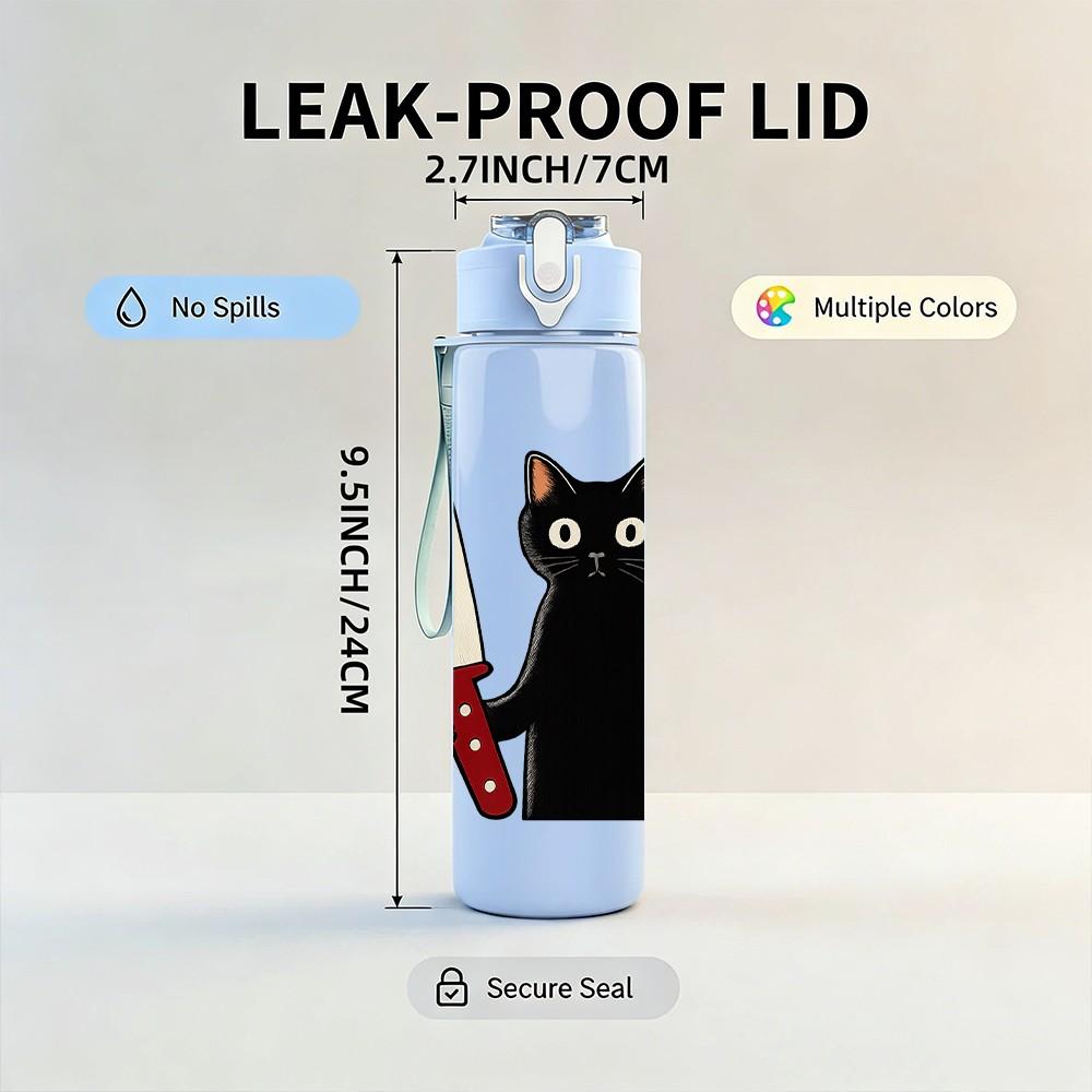 1PC Cat With Kitchen Knife 750ml Color Plastic Sports Water Bottle Leakproof Flip Straw Lid Suitable for Sports Office Home Use