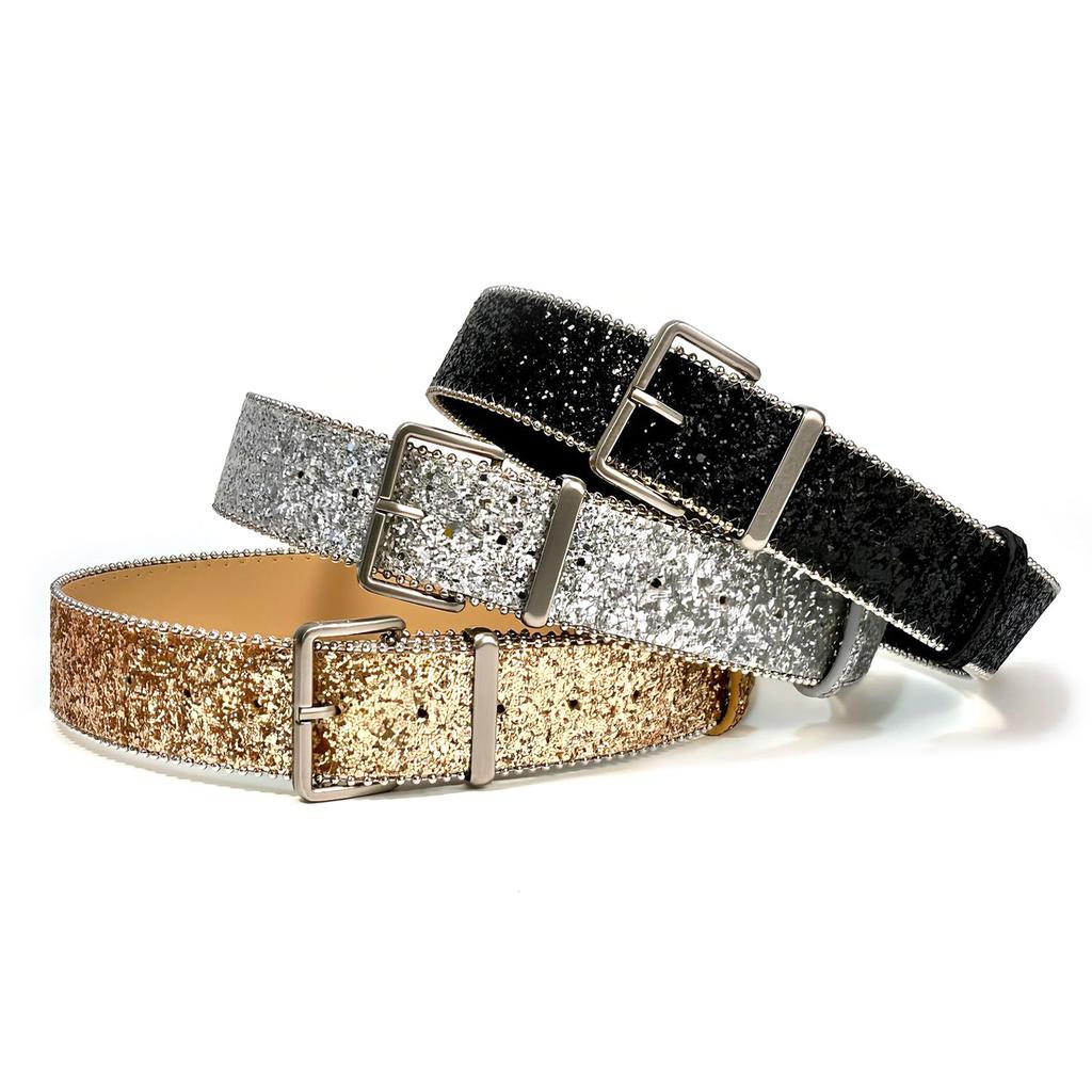 Shimmering Sequins Pin Buckle Belt for Adult Teens Blingbling Powder Waist Belt Fashion Waiststrap for Dresses Sweaters