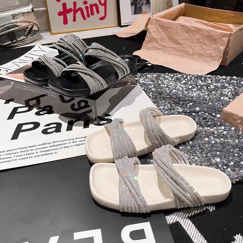Modische Ballerinas Damen Hausschuhe Kristall Mode Schuhe Sommer Lässig Gemütlich Damen Sandalen 2025 Strand Flip Flops Kleid Gehen Mujer Schuhe