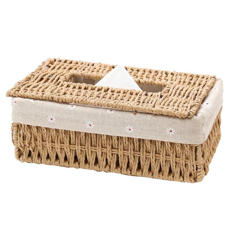 Creative Handmade Rattan Tissue Box Household Paper Storage Basket Home Decoration Khaki Floral Style 1 PCS
