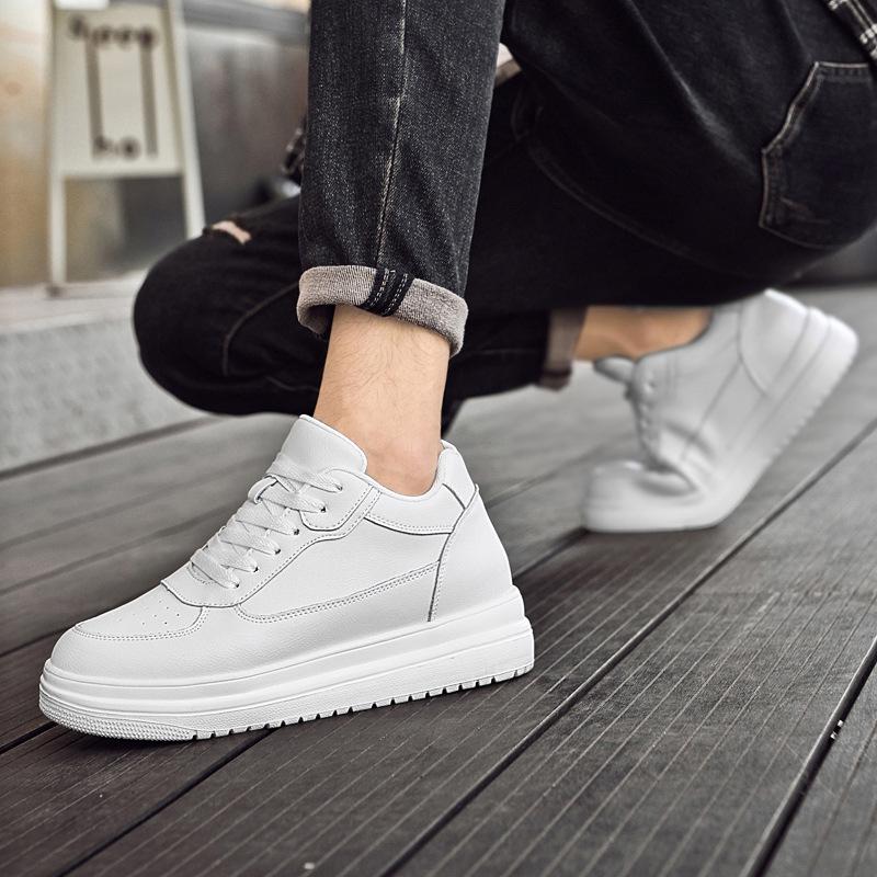 Men's Fashion Casual White Cowhide Sneakers with Invisible Height Boost (6CM and 8CM Options)