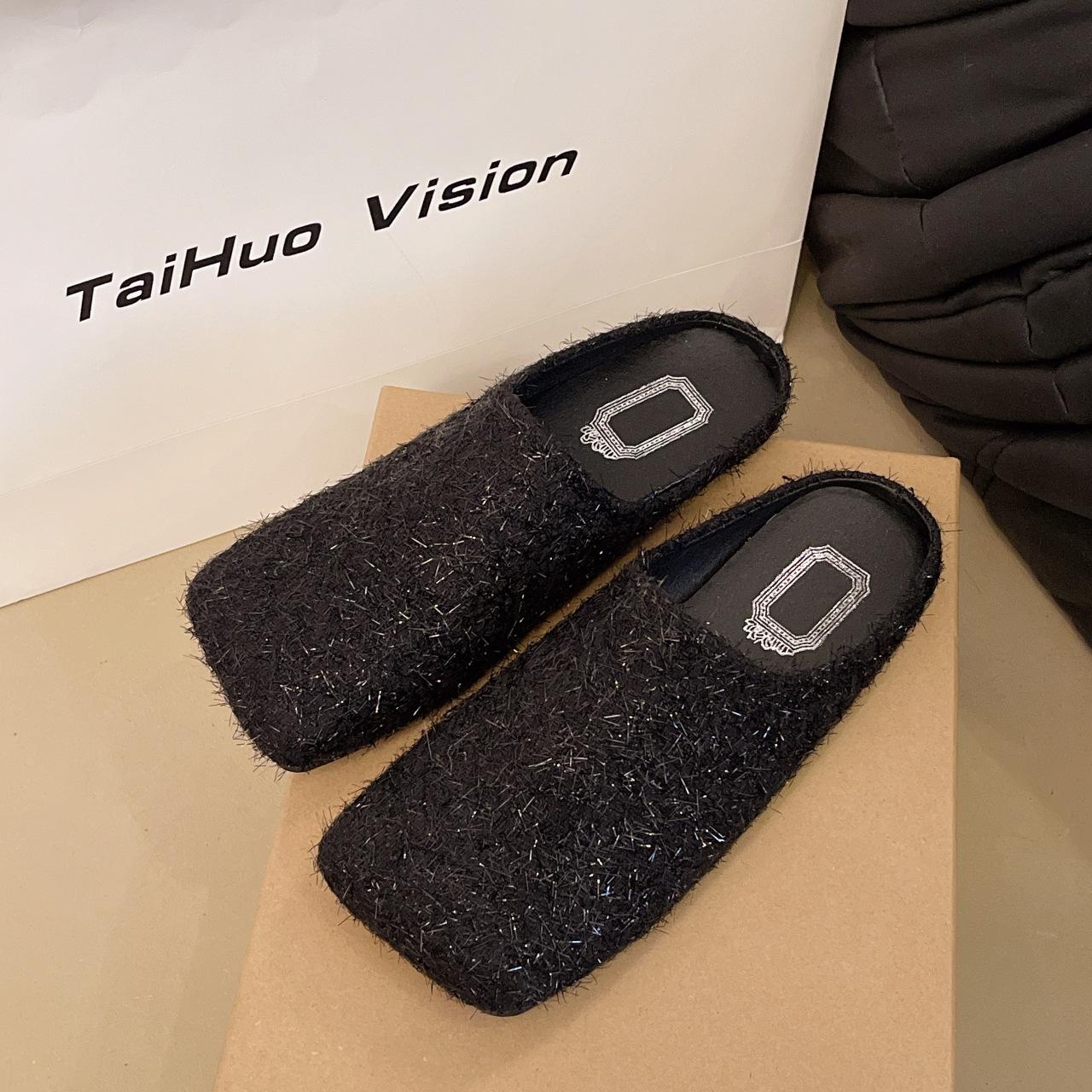 

Retro square head felt bag head half slippers women s 2025 spring new outer wear lazy one pedal thick-soled slippers tide 35 чёрный