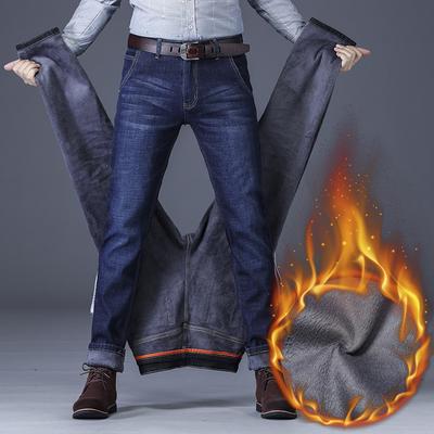 Jeans Men's Padded and Thickened Winter Loose Straight Casual Trousers Men Winter Warm Elastic Jeans Men