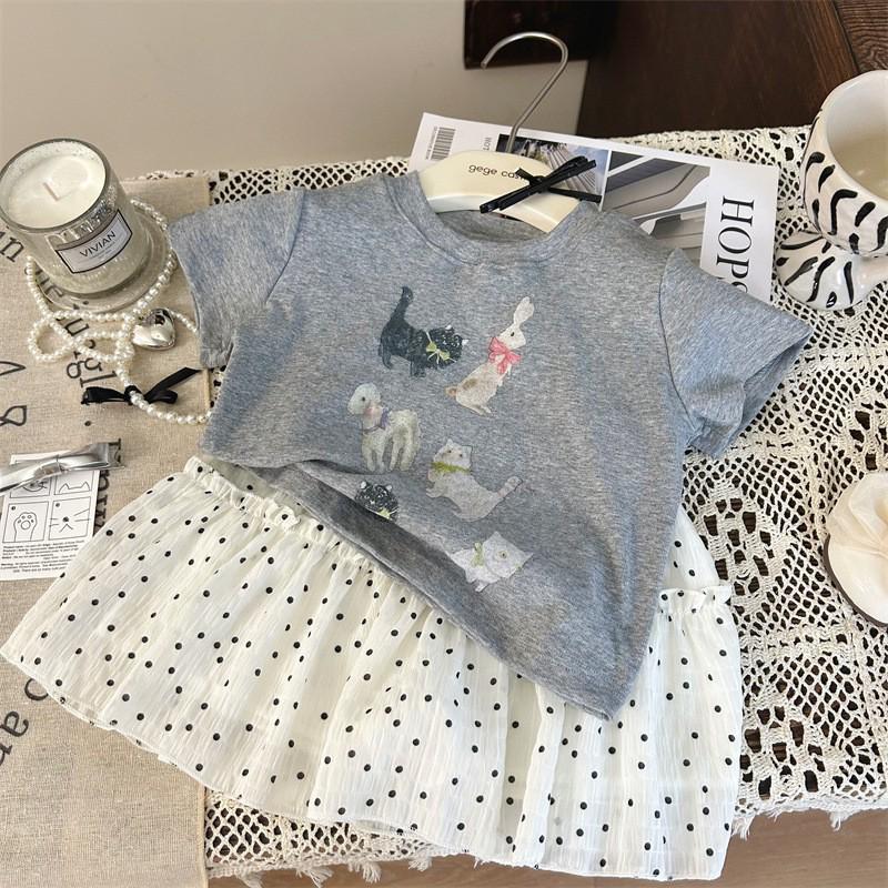 2024 Korean Kids' Summer Polka Dot 2-Piece: Cartoon T-Shirt & Skirt Pants Set