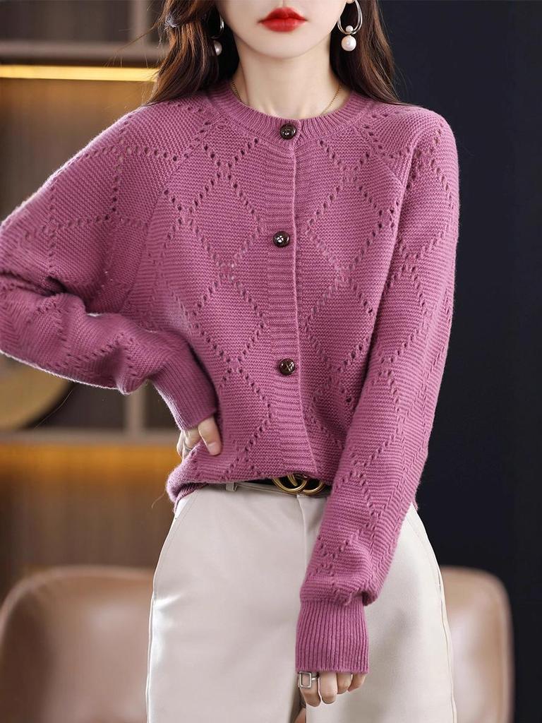 Damen Kaschmirwolle Strickjacke - Gestrickter Rundhals-Pullover für Herbst/Winter Mode