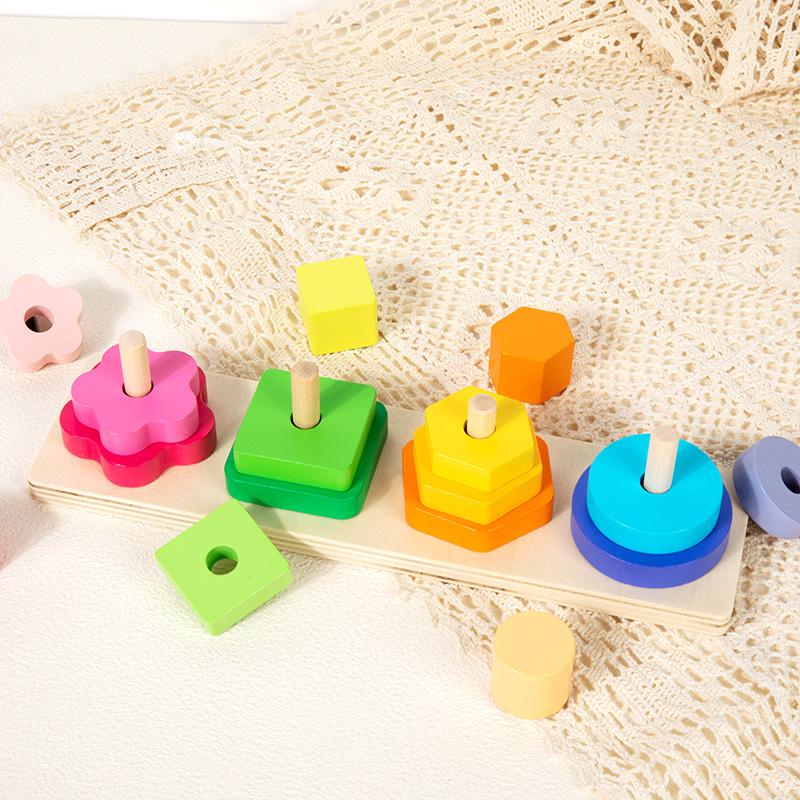 Wooden Four-Column Shape Sorting Stacking Toy - Suitable For Toddlers' Fine Motor Skills And Shape/Color Recognition