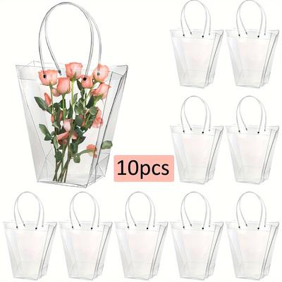10 Pcs Floral Bags Clear Flower Bouquet Bag with Handle Florist Gift Bags Packaging Plastic Gift Bags for Birthday Wedding Anniversary Housewarming