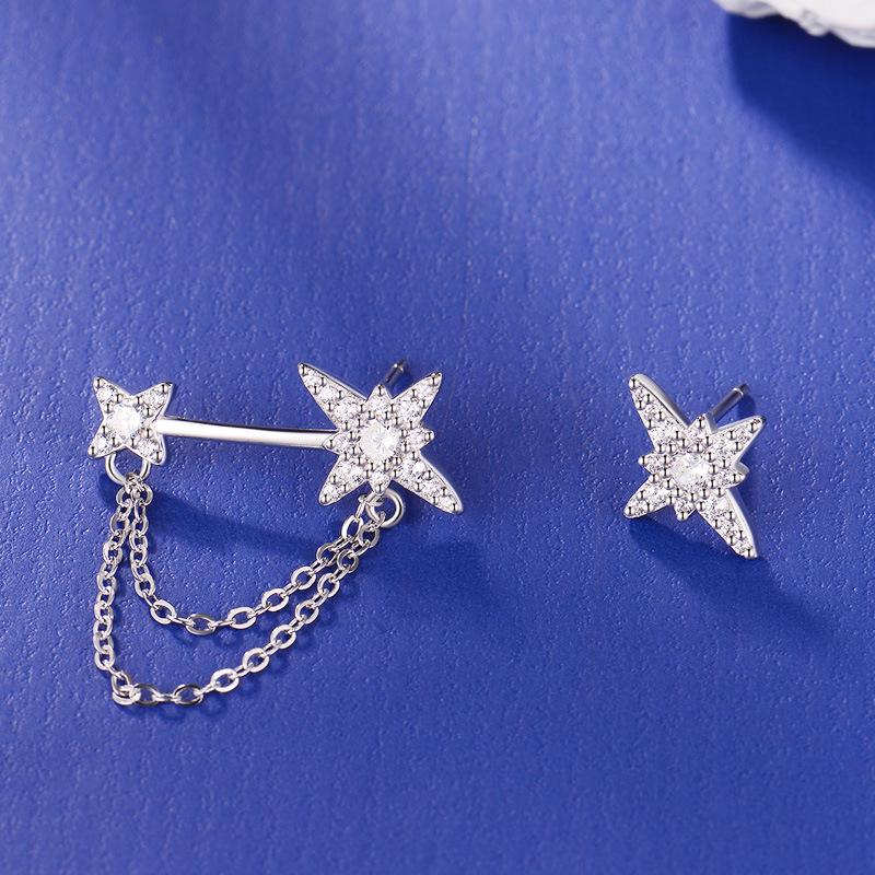 S925 Sterlingsilber Asymmetrische Stern Diamant Ohrstecker mit Kette für Damen - Mori Stil