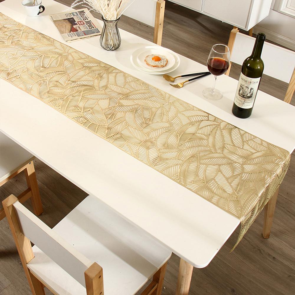 Hollow Leaves Table Runner  35x180 cm/ 14x73 Inch Waterproof Washable Gold Dining Table Runner for Wedding Banquet Party Decor