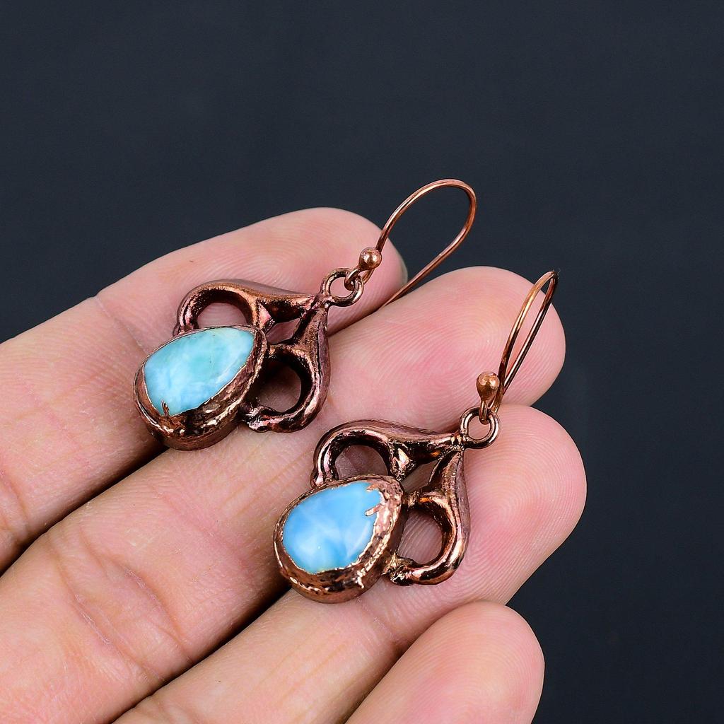 Larimar Earrings, Copper Electroformed Jewelry, Gemstone Earrings, Gift For Her Handmade Dainty Jewelry