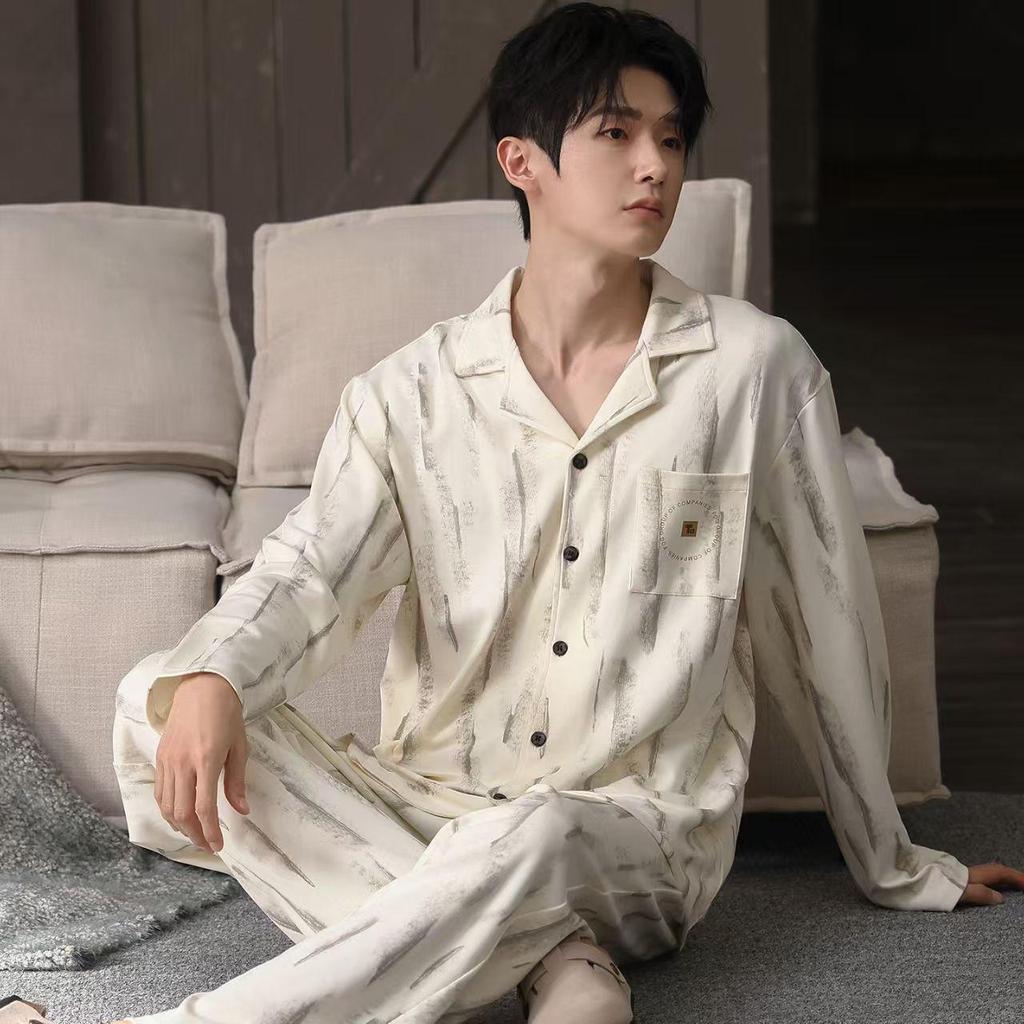 Men's Pure Cotton Long Sleeve Pajama Set - Spring/Autumn Style, Extra Large Size