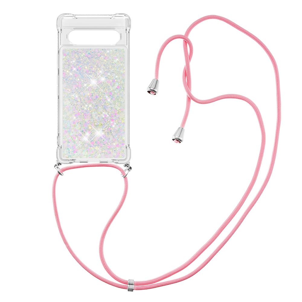 

For Google Pixel 7a 5G TPU Case Quicksand Design Phone Cover with Lanyard Laser/Hearts
