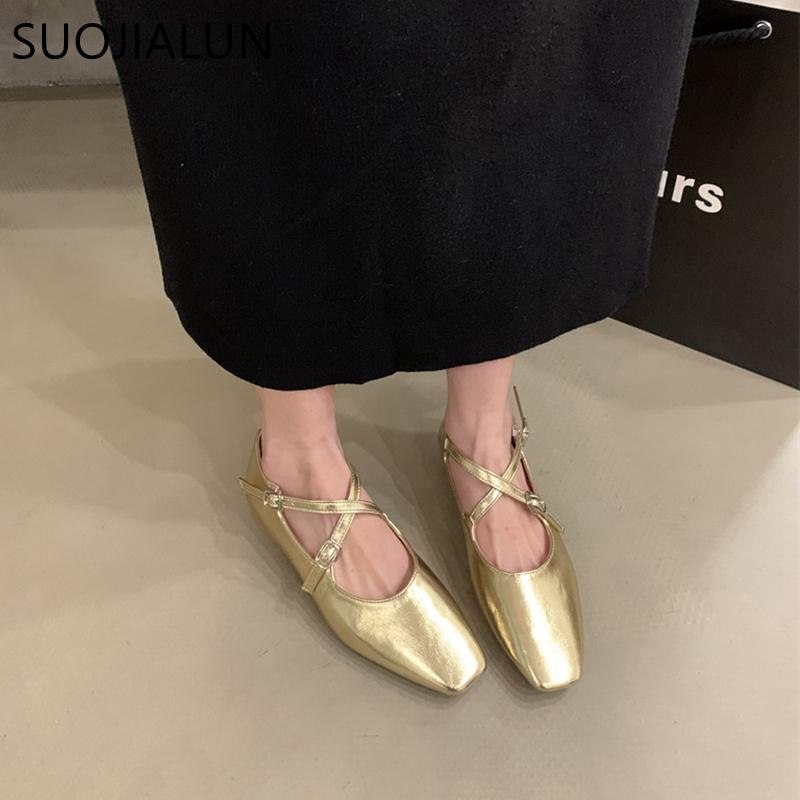 Fashion SUOJIALUN Spring New Women Flat Shoes Fashion Gold Ladies Round Toe Sahllow Ladies Elegant Mary Jane Shoes Soft Dress Ballerinas