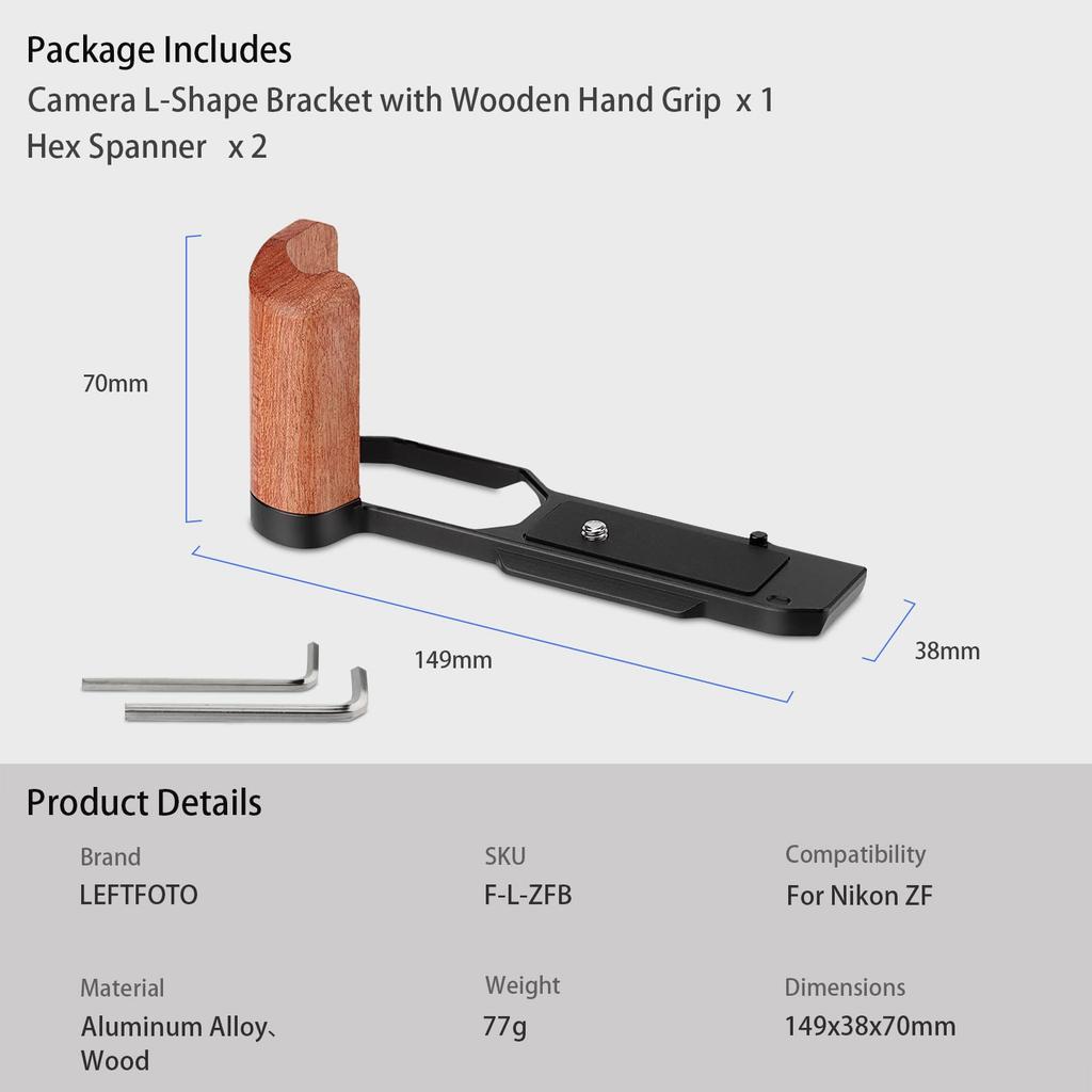 Leftfoto Z f Wooden Handgrip for Nikon ZF Cameras with Bottom Quick Release Plate for Quickly Attach to or Handheld Shooting L-Bracket Built-in Arca,