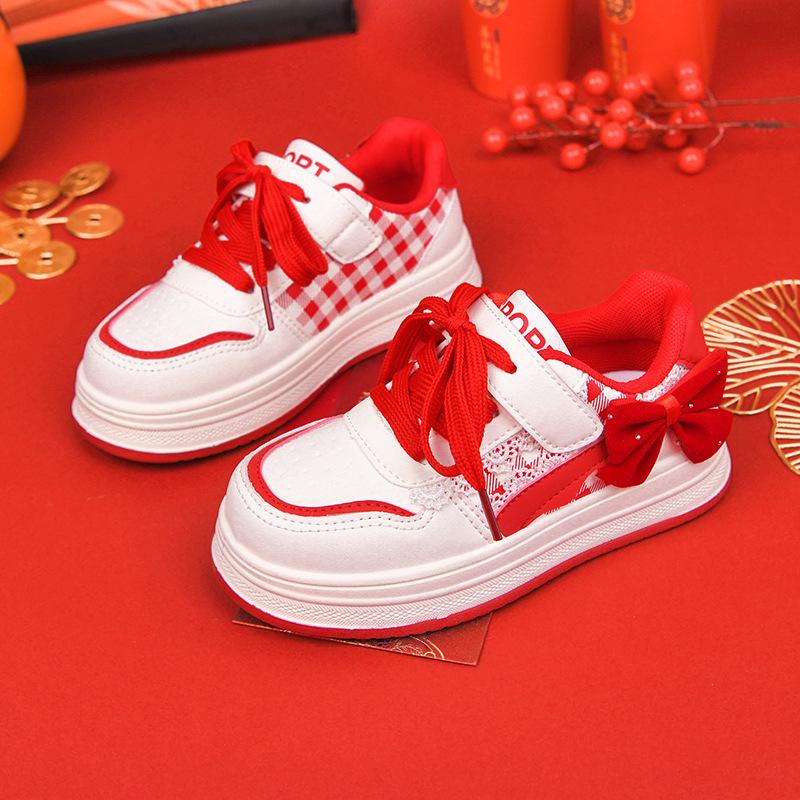 2025 Winter New Arrivals: Girls' Versatile Red Casual Sports Shoes for Middle and Big Kids