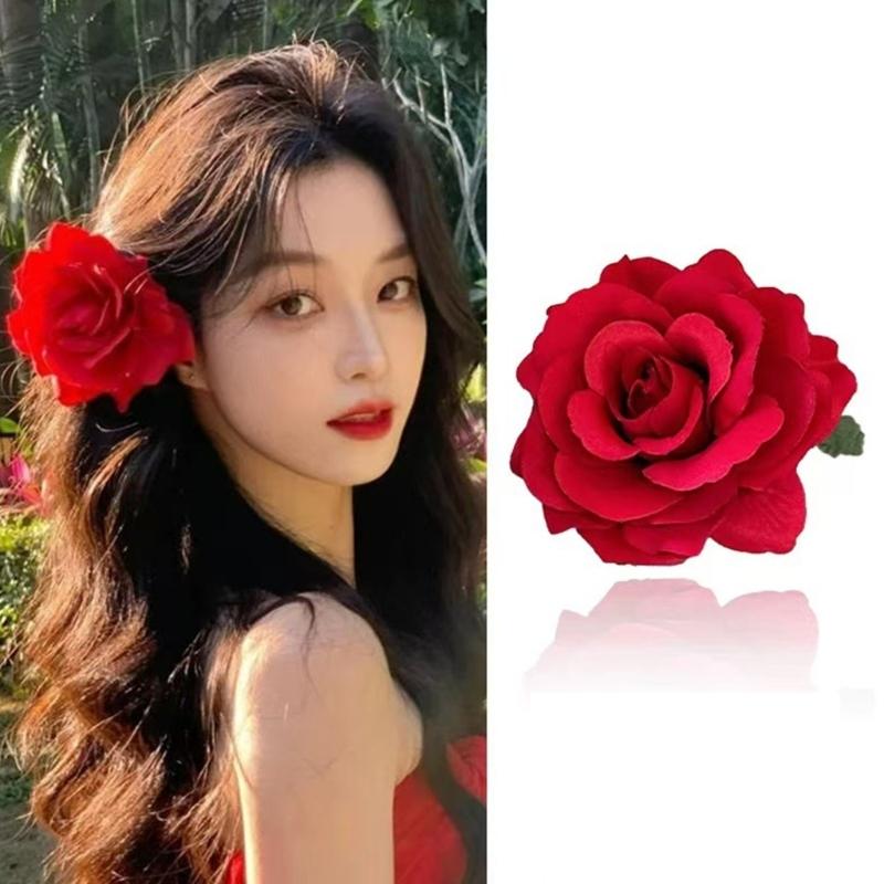 Clips elegant roșu pentru păr cu floare de hibiscus Accesoriu floral pentru păr Decorațiune florală pentru festival Agrafă cu floare pentru sărbători și evenimente