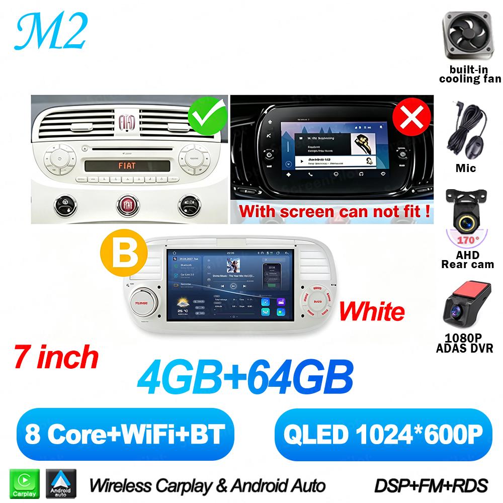 7 Inch Android 16 For FIAT 500 Abarth 2007-2015 Car Radio Stereo Head Unit Multimedia Video Player GPS Navigation 8 Core 5G RDS