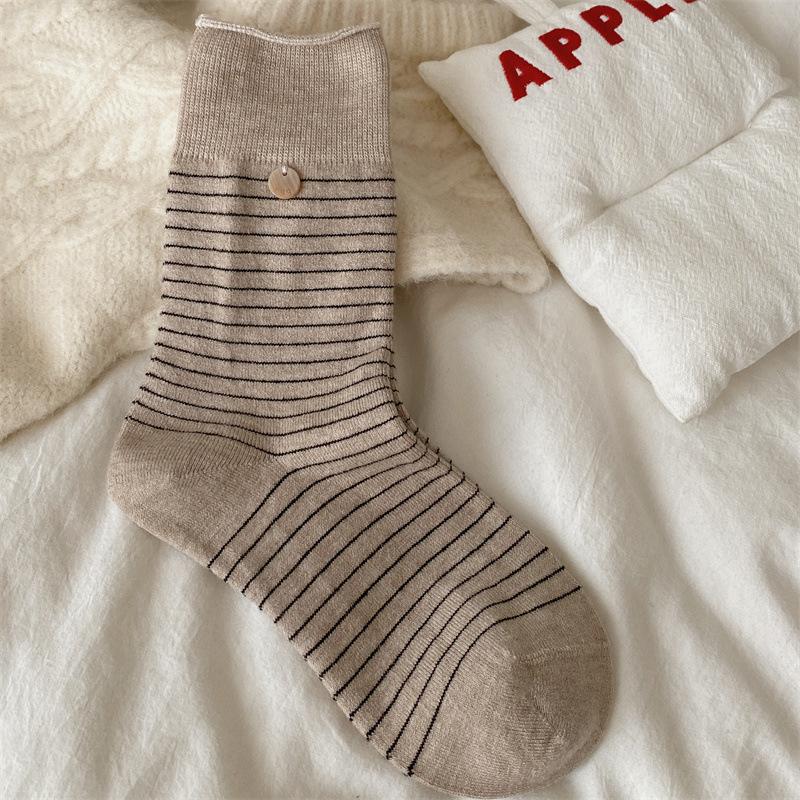 Wool Socks, Resin Buckle Striped Pile Socks, Women's Mid-calf Socks, Thickened for Warmth in Autumn and Winter