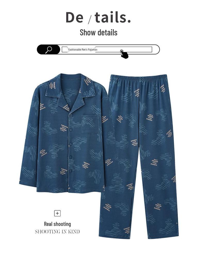 Pigiama da Uomo in Cotone 2025: Completo due pezzi Cardigan con revers a manica lunga per Primavera e Autunno in taglie forti.