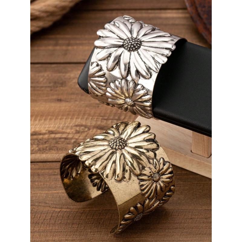 1pc Retro Western Style Sunflower Floral Embossed Metal Bangle Bracelet for Women, Fashionable and Graceful Valentines,Mom,Mother,Mother's Day,Gift