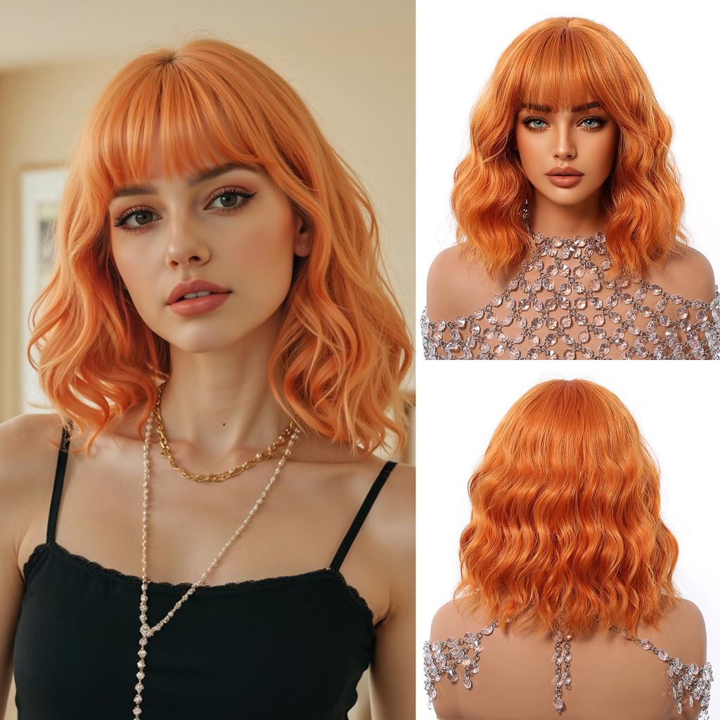 Pink Purple Mixed Blue Curly Wavy Synthetic Wigs with Bangs for Women Colorful Party Cosplay Natural Hair Wig Heat Resistant Use