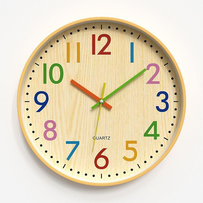 Children s clock, living room home wall-mounted wooden grain wall clock, silent, fashionable, creative quartz clock, bedroom 12 inch