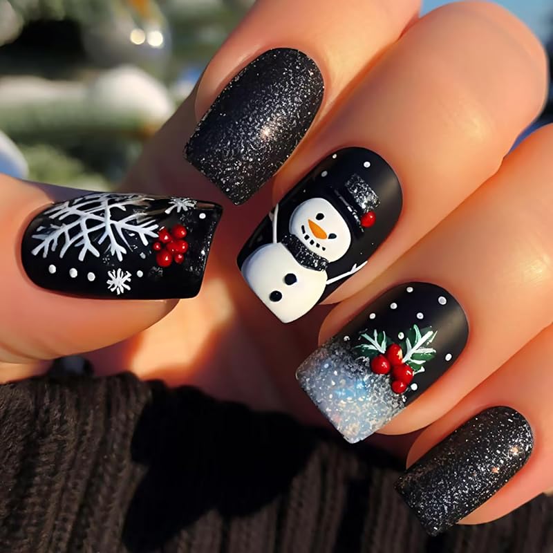 Christmas Press On Nails Medium Square Fake Nails with Gold Snowflake Christmas Tree Designs Xmas Red False Nail Acrylic Winter Snow Stick On Nail