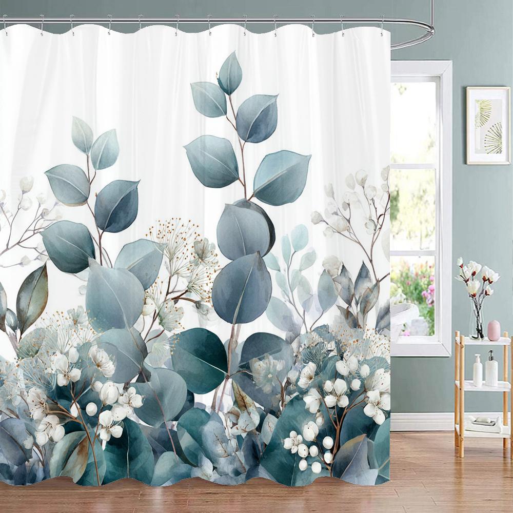 Modern Botanical Leaf Shower Curtain, Floral Plant Bathroom Decorative Shower Curtain, Polyester Shower Curtain With Hooks