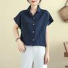 Cotton and Linen Short-sleeved Shirt Summer Striped New Loose Slim Fit Artistic Mid-length Top