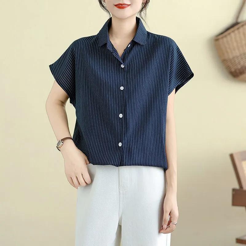 Cotton and Linen Short-sleeved Shirt Summer Striped New Loose Slim Fit Artistic Mid-length Top