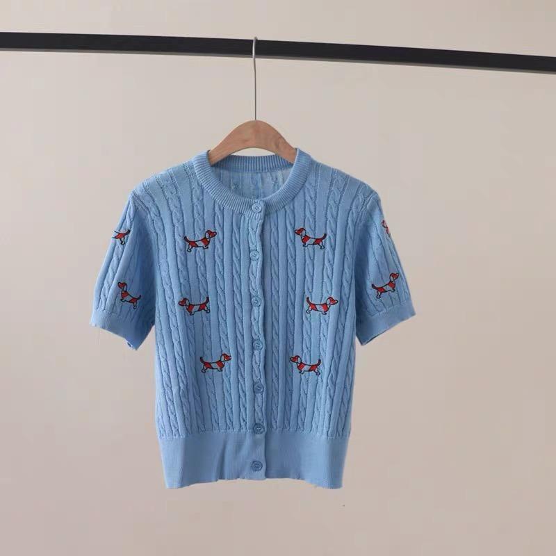 

Летний женский дизайнерский свитер с круглым вырезом и коротким рукавом с вышивкой и рисунком, вязаный свитер с переплетением, кардиганы, топы для студенток колледжа One Size синий