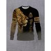 Men'S Fashion Lion Head Print Round Neck Long Sleeve T-Shirt Trendy Animal Pattern Letter Print Casual Top