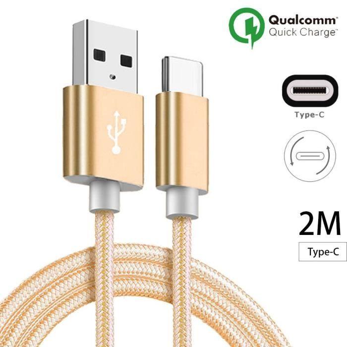 Câble USB Type C - Samsung - Galaxy S8 S8Plus S9 S9Plus S10 - 2M - Nylon Doré - Résistant