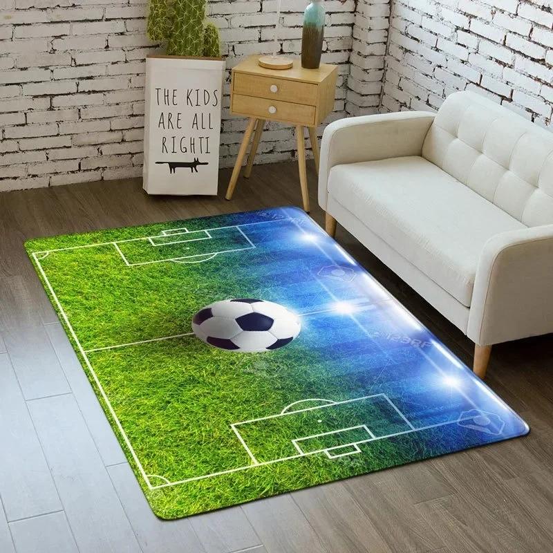 Sporty Football Pitch Floor Mat Non-Slip Washable Carpet for Living Room or Boy's Bedroom Vibrant Rug for Sofa Area Decor