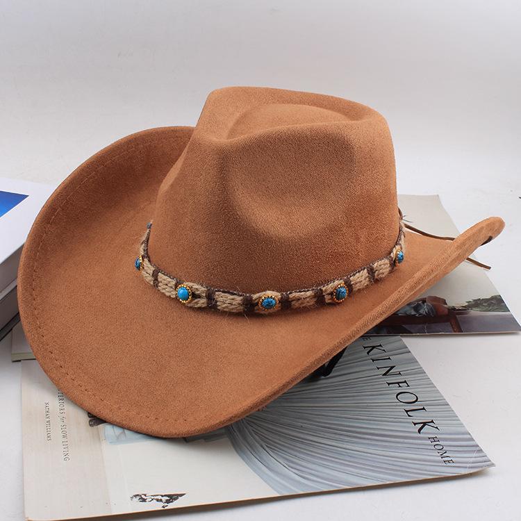 Western Cowboy Style Tibetan Bull Head Accessories Fashion Top Hat Autumn/Winter New Collection Deer Skin Velvet Large Edge Riding Hat