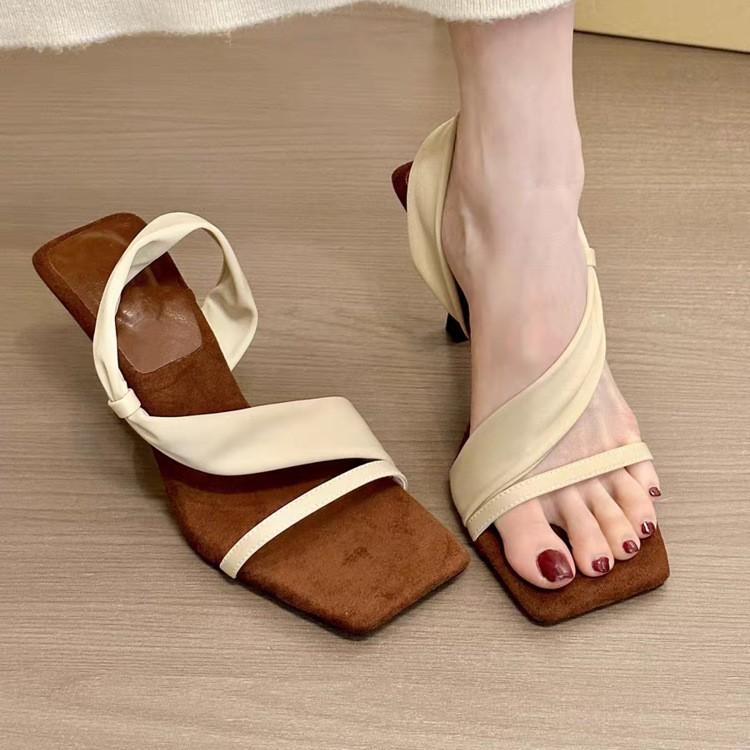 2025 summer new niche design square head large size with thin heel temperament elegant intellectual high heel sandals women