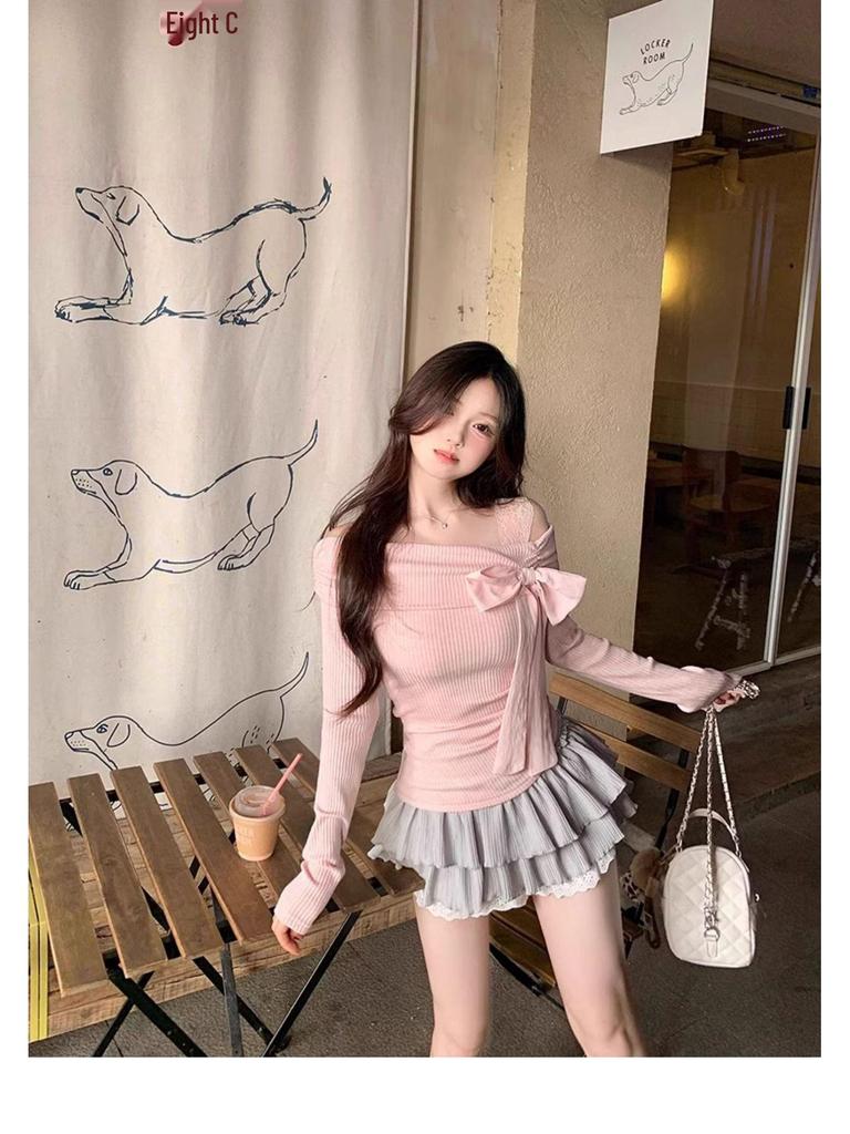 Pure Desire Pink One-Shoulder Bow Lace Top - Sweet & Spicy Autumn/Winter Women's Base Layer