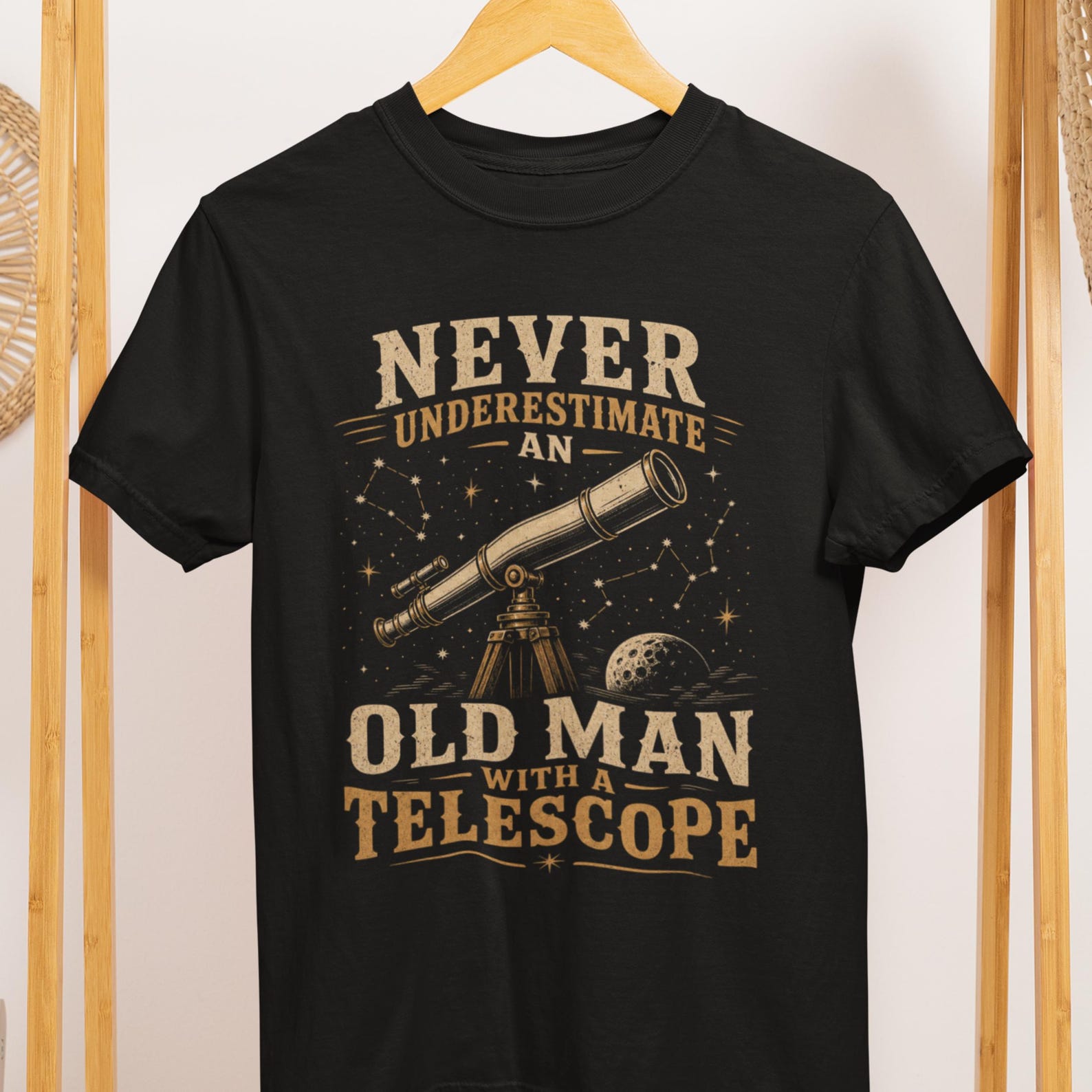 Old Man Telescope T-Shirt, Astronomy Stargazer Space Lover Tee L