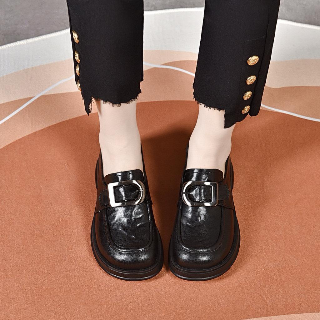thick-soled women's new college wind round buckle one-pedal single shoes, first-layer sheepskin women's small leather shoes