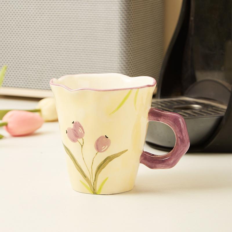 Creative Hand-Squeezed Small Fresh Tulip Mug Hand-Painted Flower Ceramic Cup Office Gift Box Coffee Milk Cup 201-300ml