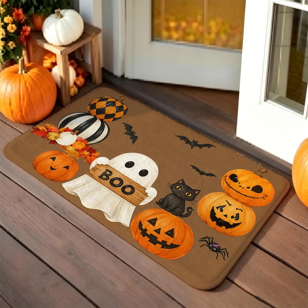 1pc Warm Brown Background BOO Ghost Pumpkin Floor Mat, Soft Fleece Material, Suitable for Front Door, Entrance, Bedroom, Entryway, Etc., Fun Halloween