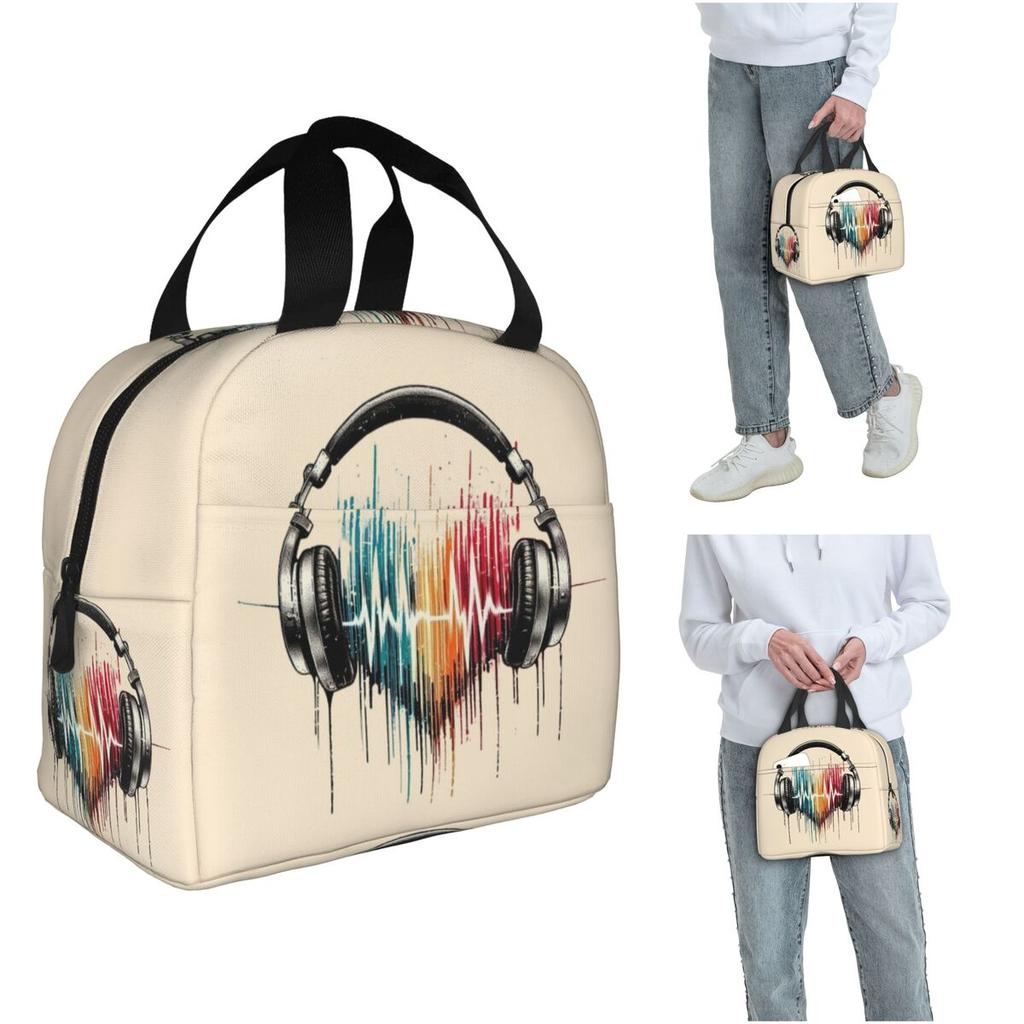 Heart Shaped Music Note With Headphones Insulated Lunch Bag for Women Kids Portable Food Boxes Thermal Lunch Box Tote
