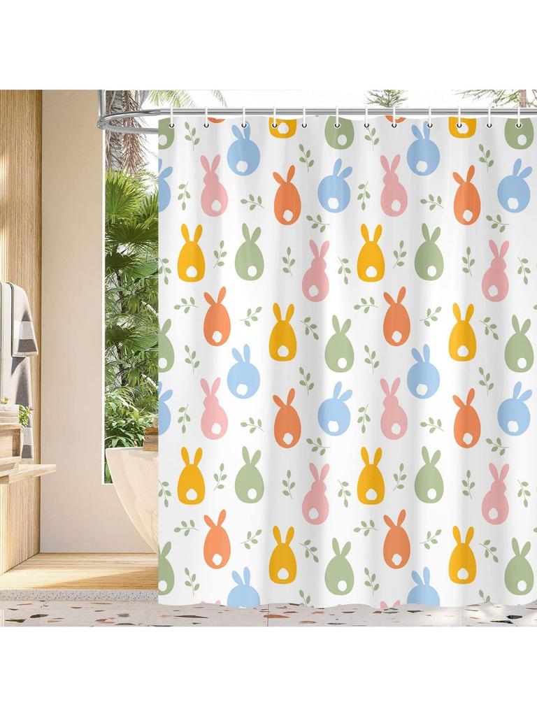 Easter Shower Curtain Happy Easter Cute Rabbit Floral Bathroom Decor Set, Colorful Rainbow Easter Bunny Cloth Fabric Bathroom
