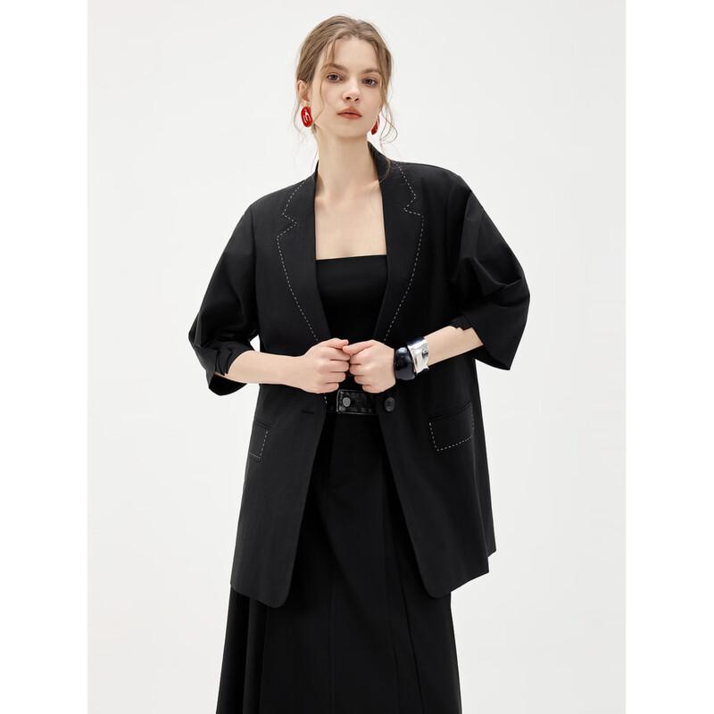 ELLE Color-Block Loose-Fit Linen Blend Blazer