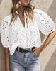 Women's V-Neck Lace Embroidery Lantern Sleeve Summer Top