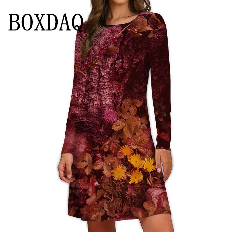 Autumn Casual Floral 3D Print Dress Womens Loose Long Sleeve Dress Fashion Woman Vintage Flower Butterfly Dresses Clothing