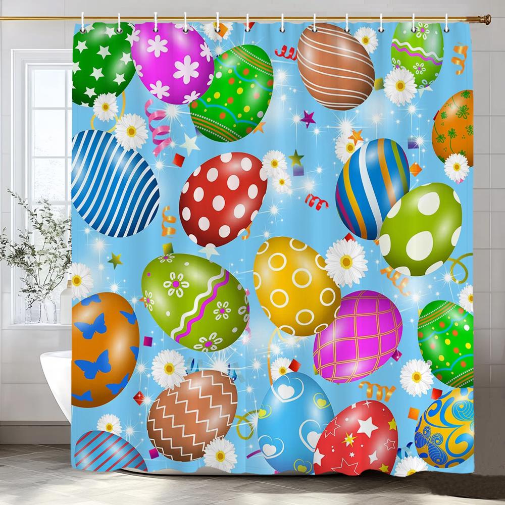 

Easter Eggs Shower Curtain Spring Coloured Eggs Rabbit Butterfly Bath Curtain Polyester Fabric Home Bathroom Decor with Hooks 35x70in-90x180cm